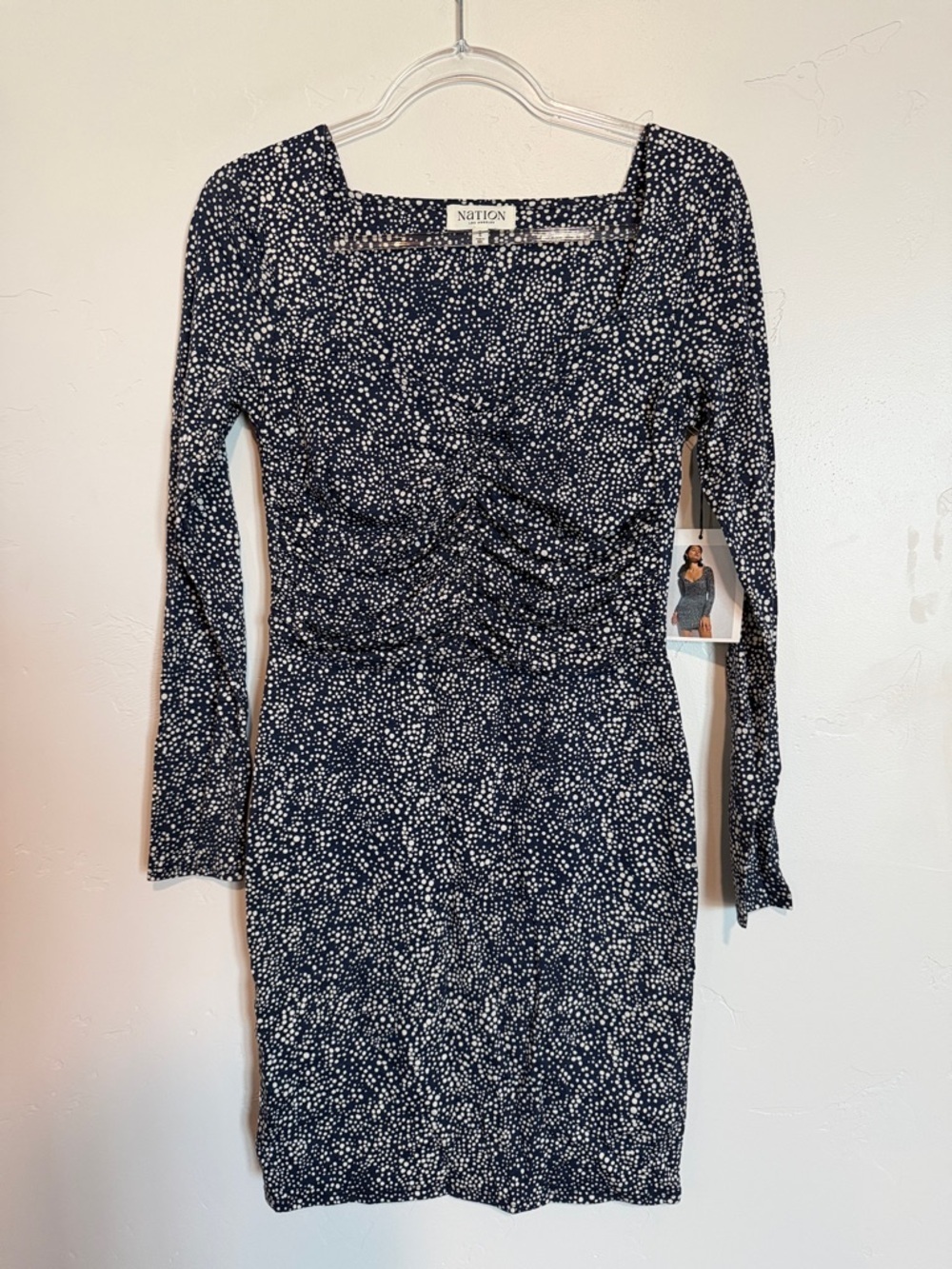 Nation LTD Navy Polka Dot Mini Dress Ruched Front Long Sleeve Resort Style